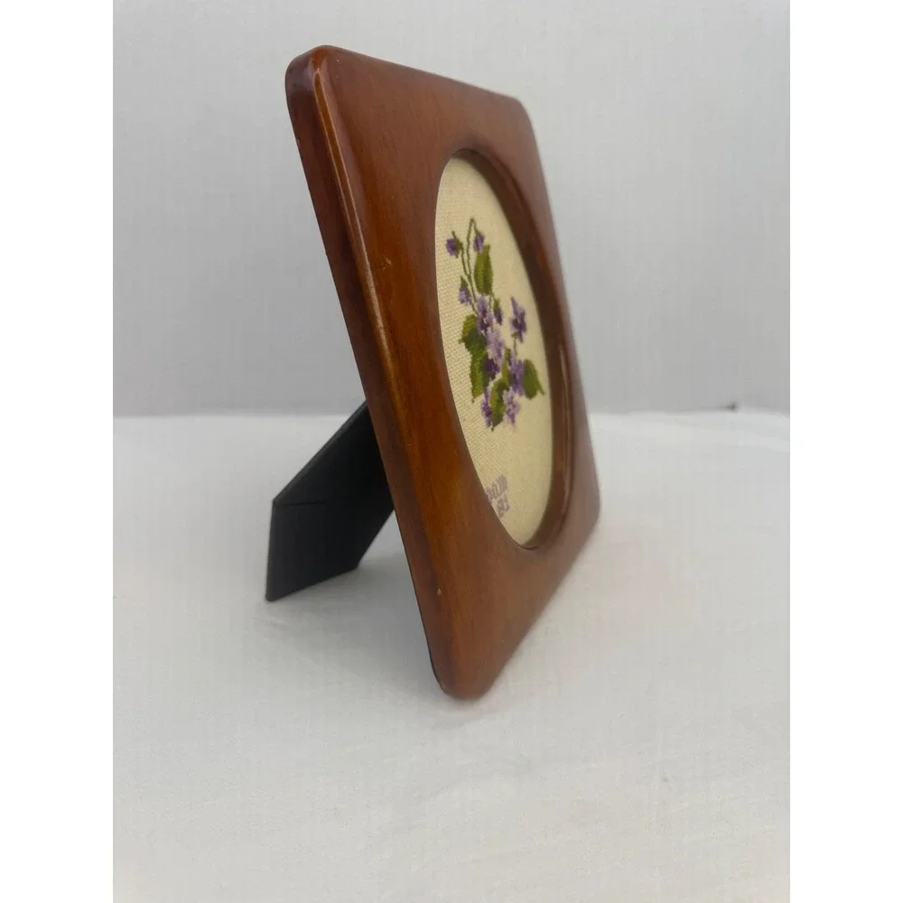 Vintage 80's Hand Stitched Violet Cross Stitch Floral Oval Wood Frame 7x9